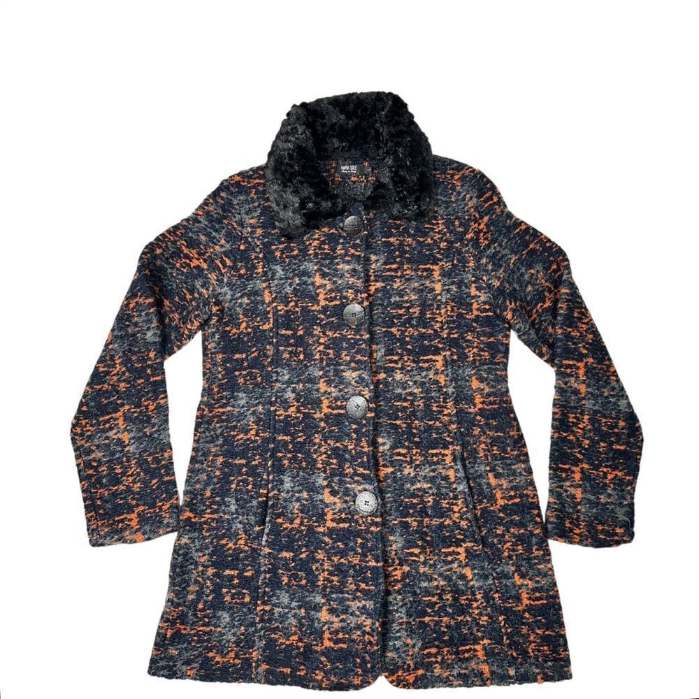 Vintage Maria Sole Textured Orange Gray Faux Fur Collar Eclectic Knit Coat
